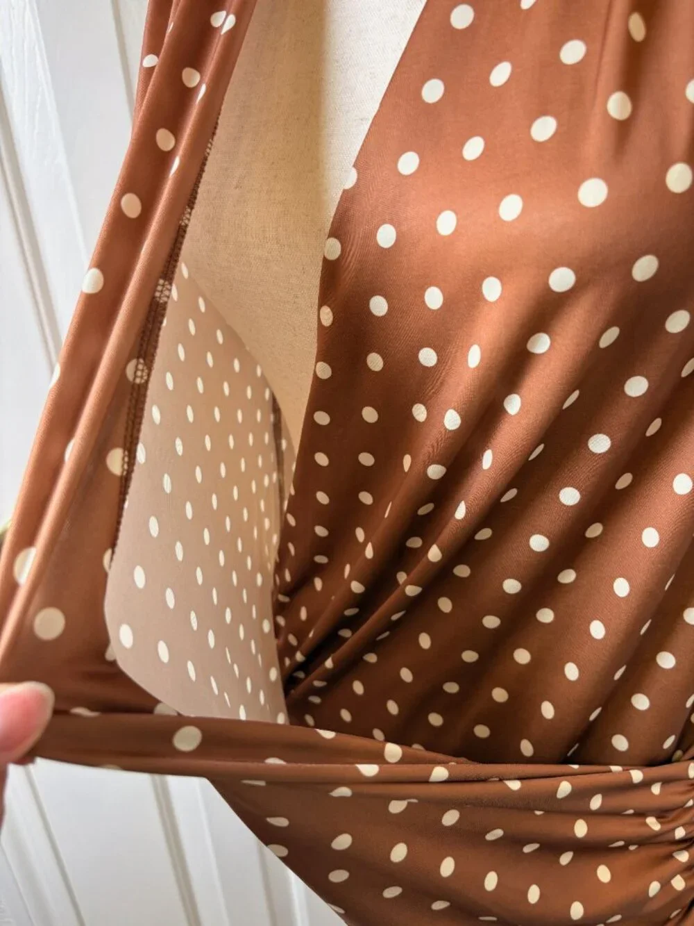 Les Serein Brown Cream Polka Dot Draped Surplice Top Size Medium